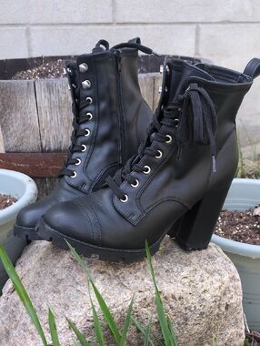 Black Lace-Up Block Heel Combat Boots - Women